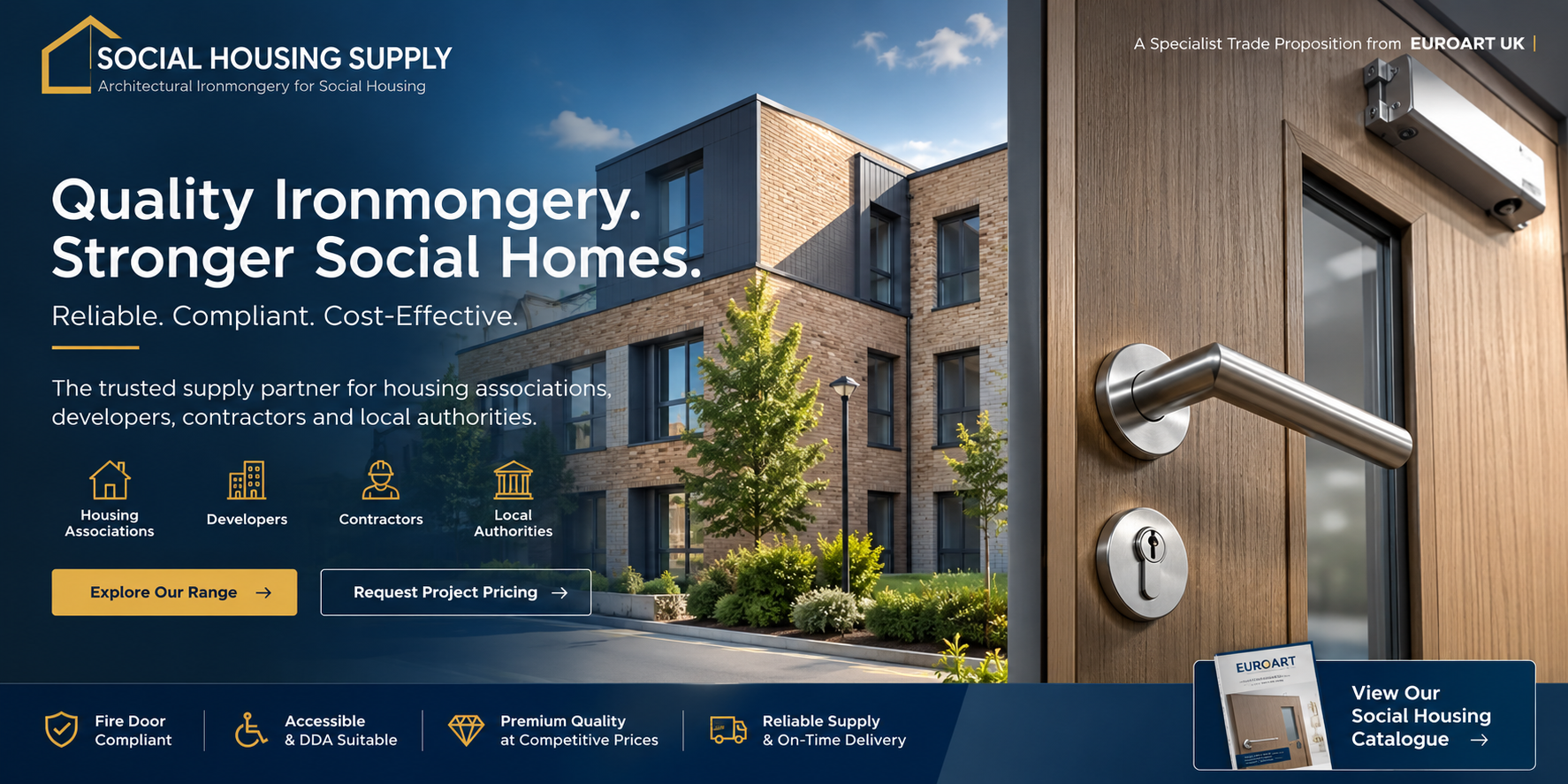 Premium CGI hero image of a modern UK social-housing development with architectural ironmongery